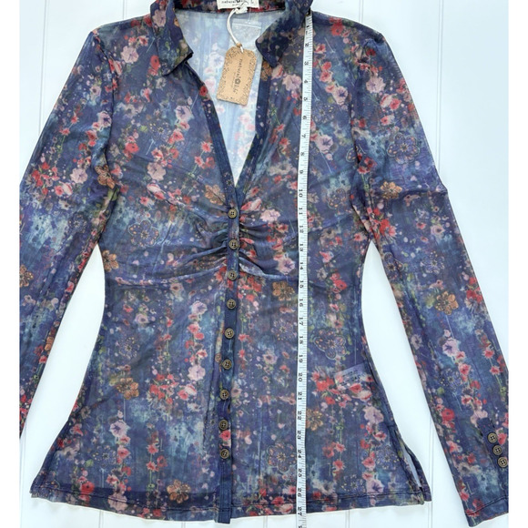 NEW Natural Life Carina Mesh Top Watercolor Indigo Floral Sheer V-Neck Boho L - Picture 14 of 15